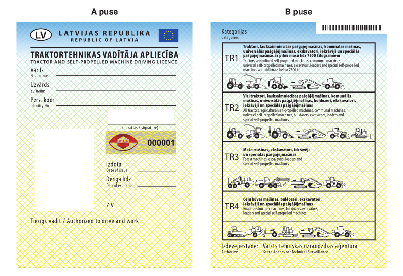 Traktortehnikas vadītāja apliecības paraugs
