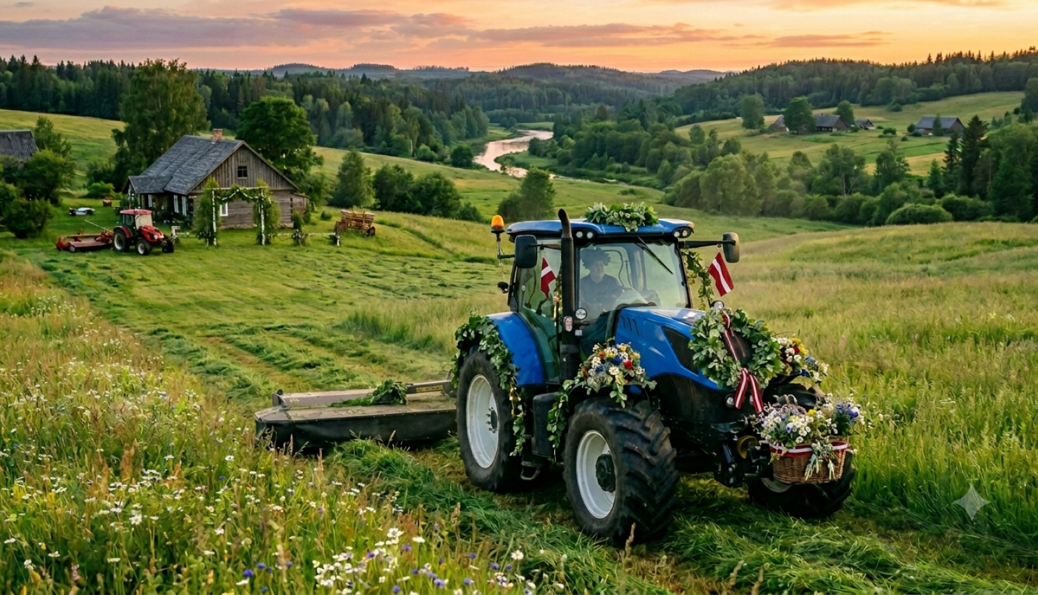 Zils un sarkans traktors siena pļaujā Latvijas ainavā rotājies Līgo noskaņās