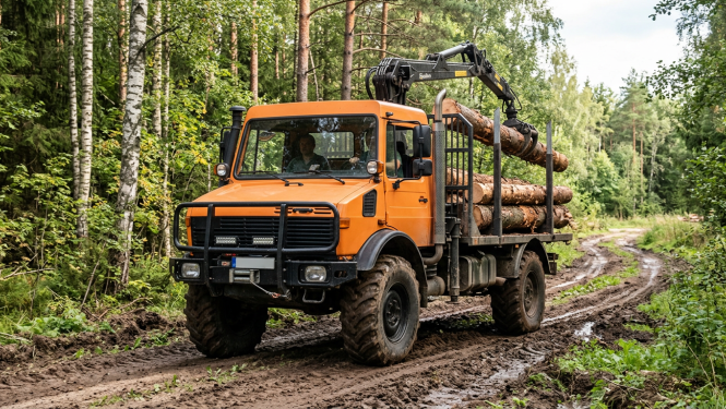 Oranžas krāsas lauksaimniecības mašīntraktors ved pa meža ceļu iekrautus baļķus