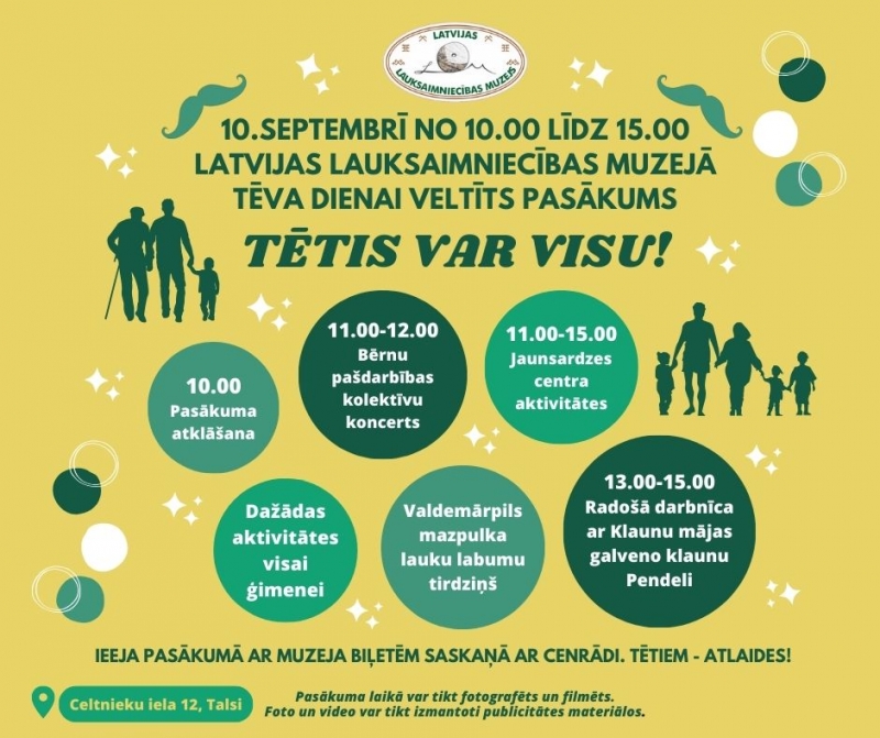 Afiša - Tēva dienai veltīts pasākums. Dažādas tonalitātes zaļās krāsas apļos apraksts par pasākumu