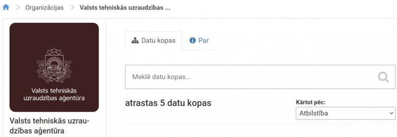 VTUA datu kopu ekrāna skats no Latvijas Atvērto datu portāla