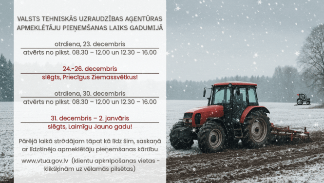 Vizuāls gadumijas darba laika uzskaitījums. Fonā traktors ar nedaudz sniegotu lauku.