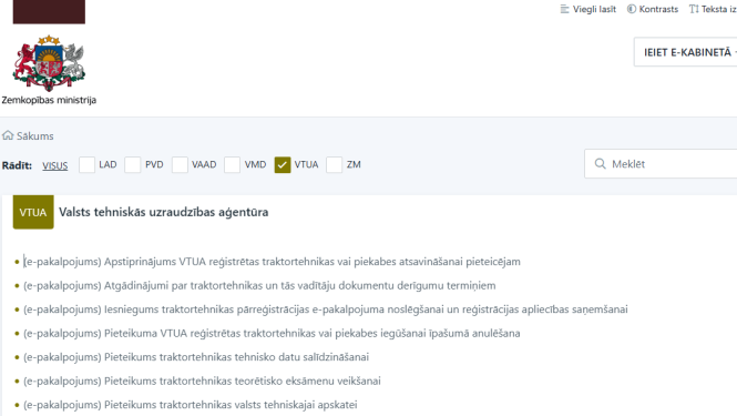 Zemkopības nozares e-pakalpojumu vietnes VTUA lapas pirmais skats ar pakalpojumu uzskaitījumu