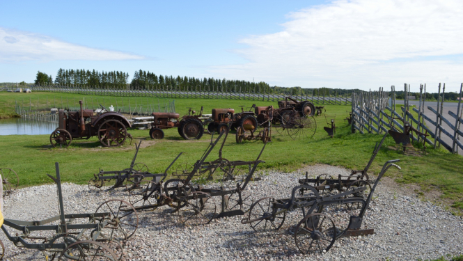 Senlaicīgi traktori un tā agregāti salikti strukturēti lauku sētā, zaļā lauku ainavā