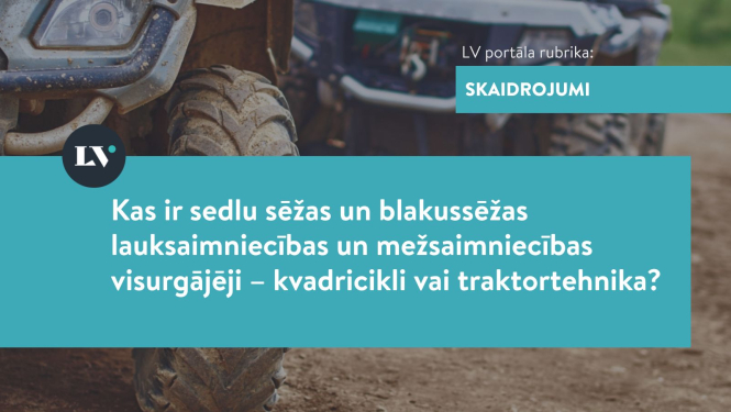 Attēlā kvadricikla tuvplāns, priekšas skats no kreisās puses, ar satura pavadošo tekstu