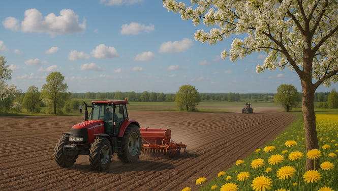 Traktori sējas darbos. Latvijas ziedošā lauku ainava maijā