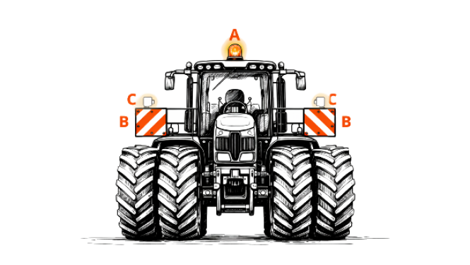 Zīmēta liela traktortehnika ar gabarīt norādēm