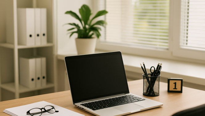 Attēlā darba galda kabinetā pie loga ar atvērtām smalkajām žalūzijām. Uz galda portatīvais dators, rakstāmpiederumi, papīrs, brilles