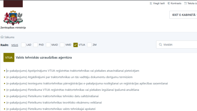 Zemkopības nozares e-pakalpojumu vietnes VTUA lapas pirmais skats ar pakalpojumu uzskaitījumu