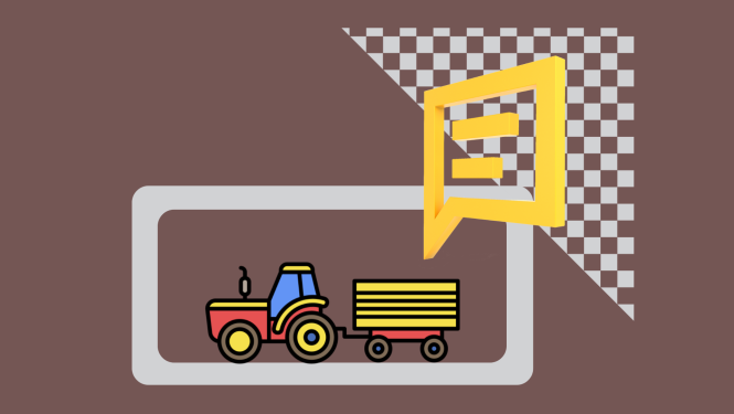 Zīmēts krāsains traktors ar piekabi uz nozares brūnās krāsas fona