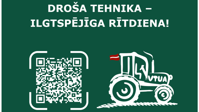 VTUA stenda skice uz zaļa fona ar baltu traktora dizainu