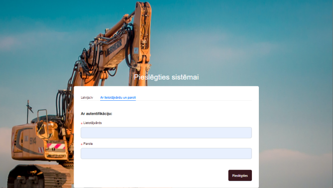 Pirmā lapa no tīmekļa vietnes traktortehnikas tirgotājiem, fonā dzeltens iekrāvējs ar lāpstu uz zila debess fona