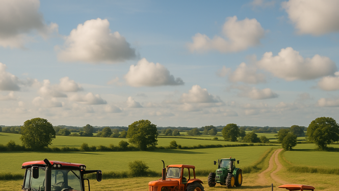 Četri krāsaini traktori uz lauka, fonā zaļi lauki ar ceļu pa vidu