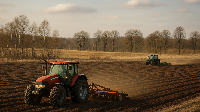 Latvijas ainava pavasarī, kurā divi traktori sēj laukus