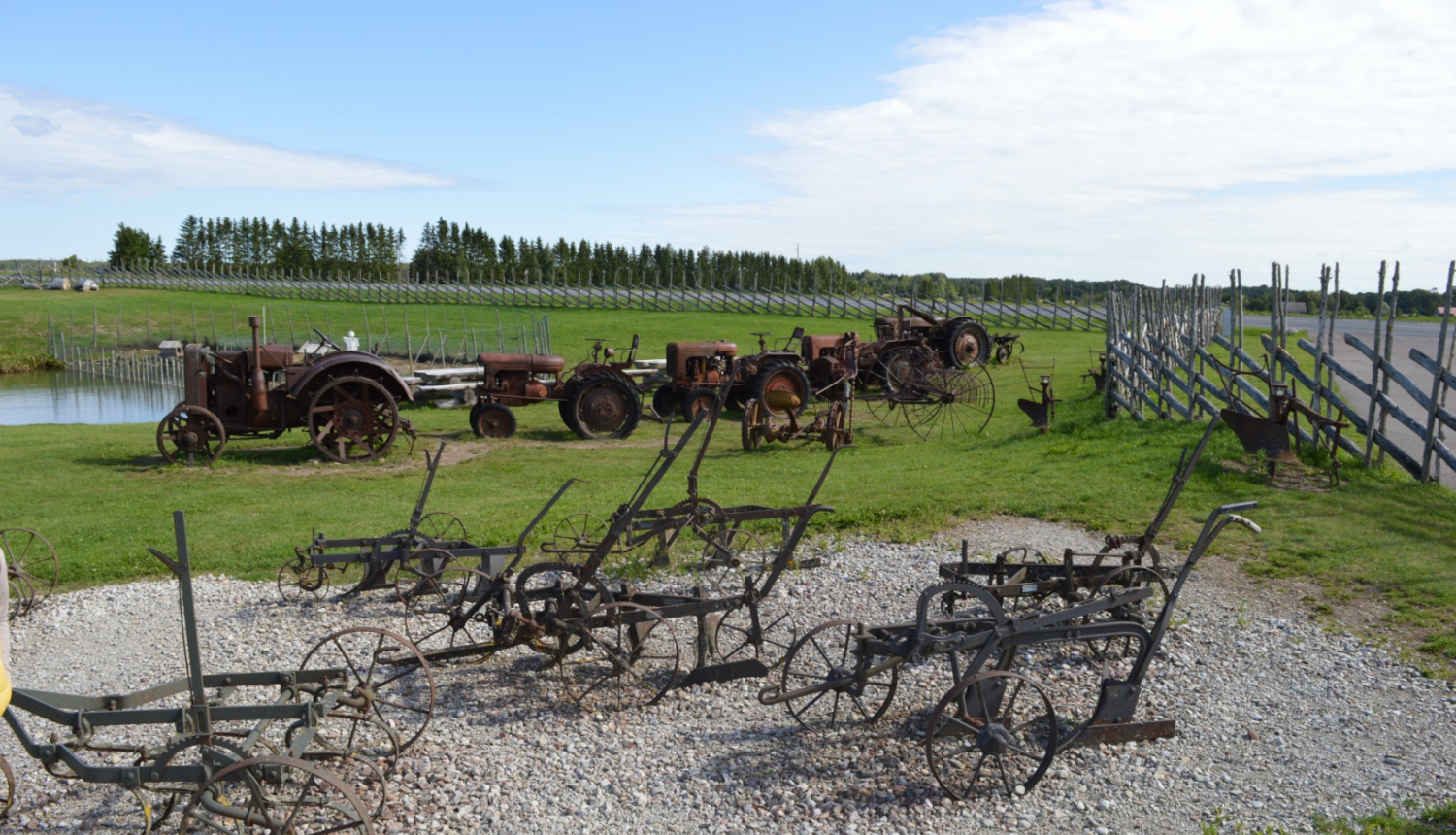 Senlaicīgi traktori un tā agregāti salikti strukturēti lauku sētā, zaļā lauku ainavā
