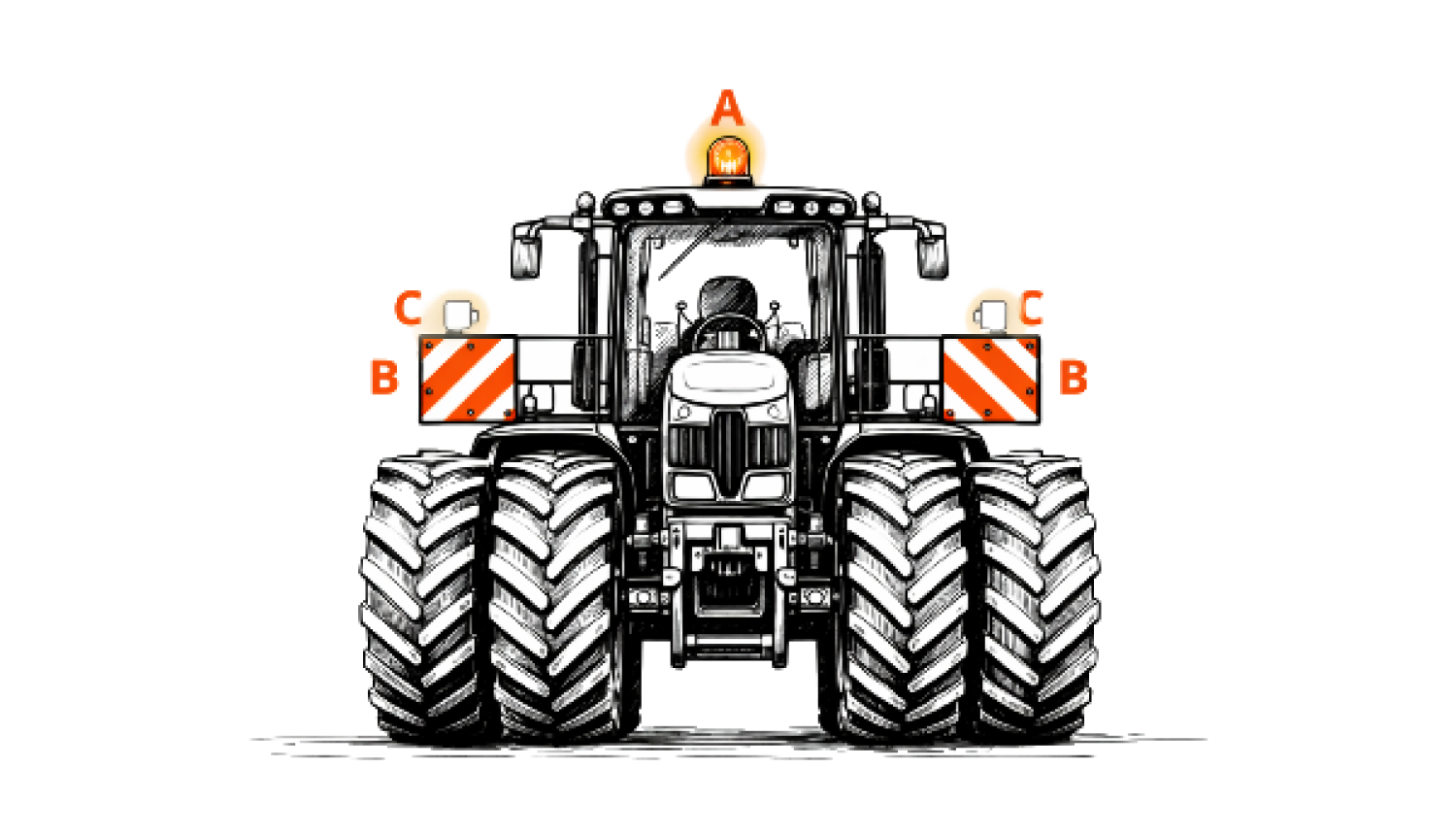 Zīmēta liela traktortehnika ar gabarīt norādēm