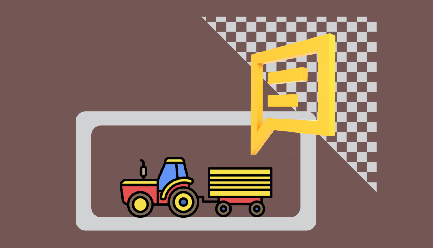 Zīmēts krāsains traktors ar piekabi uz nozares brūnās krāsas fona