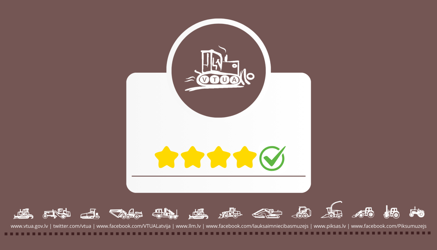 Novērtēšanas titulbilde nozares brūnās krāsas toņos, ar zīmētu, baltu traktoru centrā
