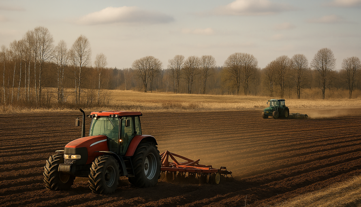 Latvijas ainava pavasarī, kurā divi traktori sēj laukus