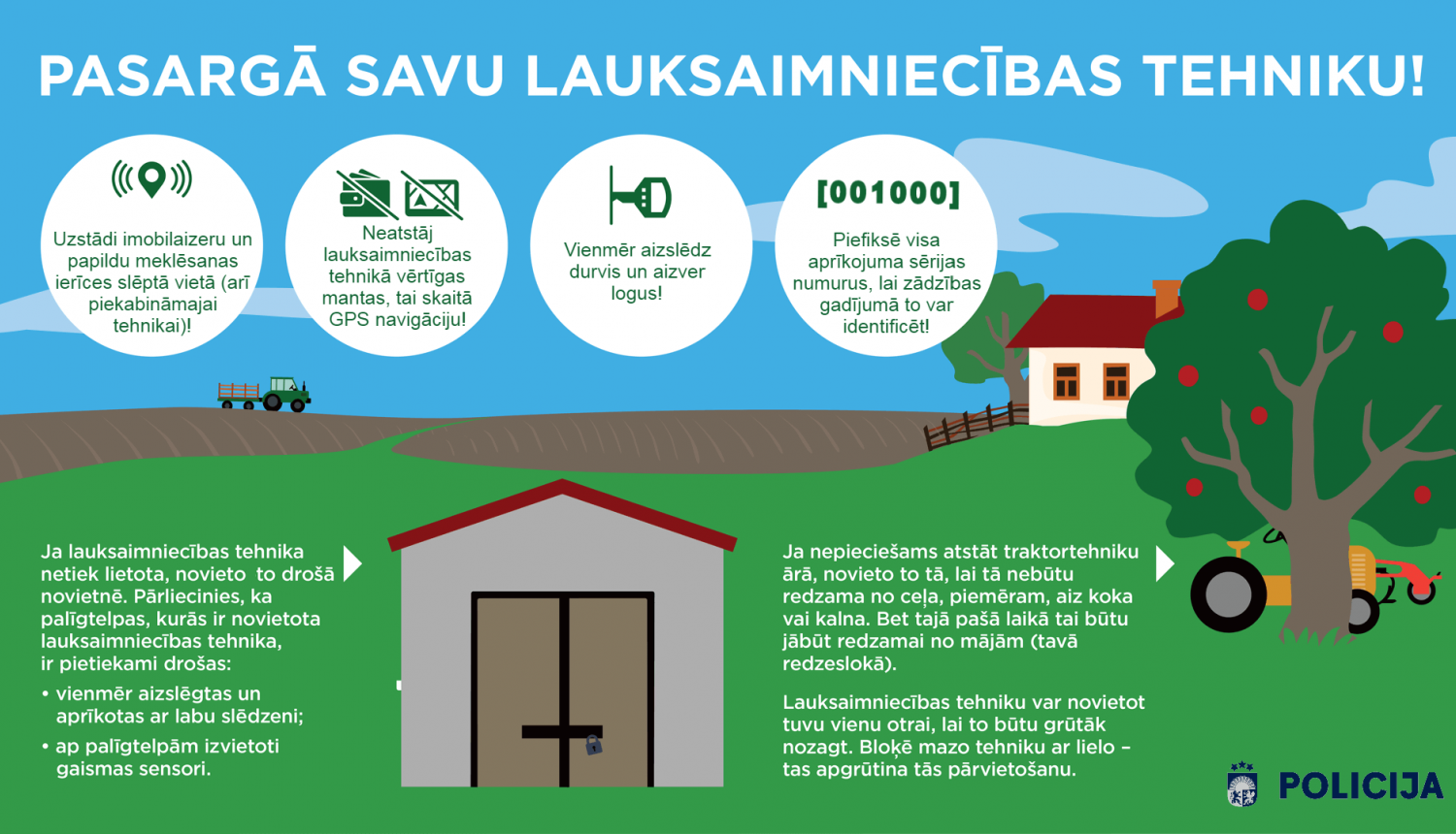 Zīmēta lauku ainava ar uzskaitītām galvenajām vadlīnijām traktortehnikas drošībai